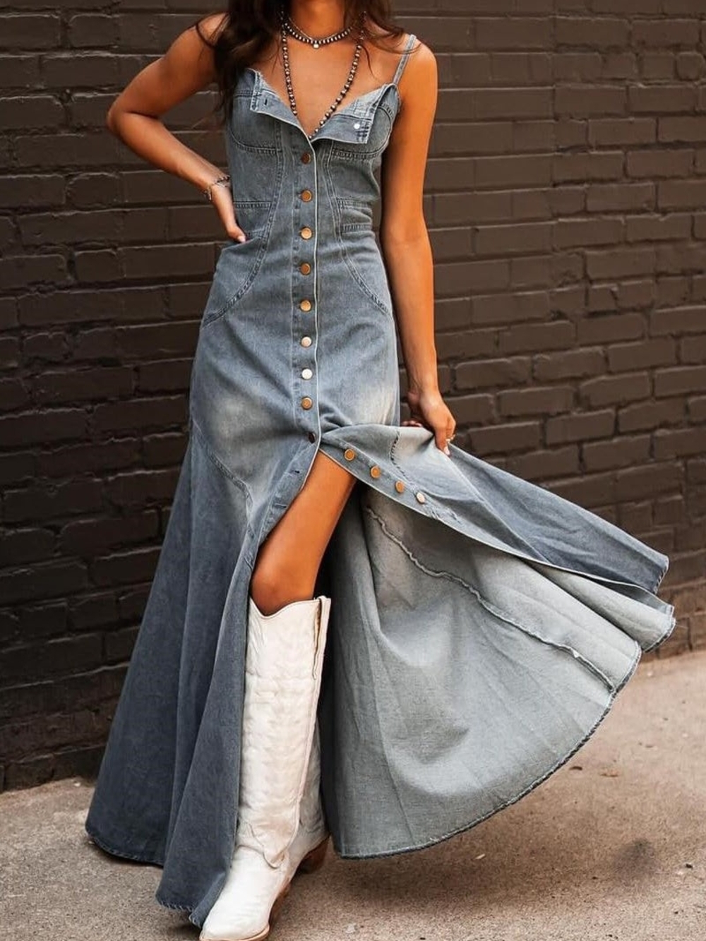Chouyatou Denim Button-Front Maxi Dress in Faded Blue